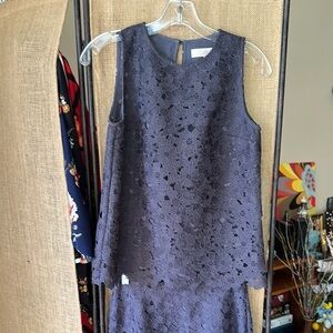 Lace Overlay Sleeveless Dress - Navy
